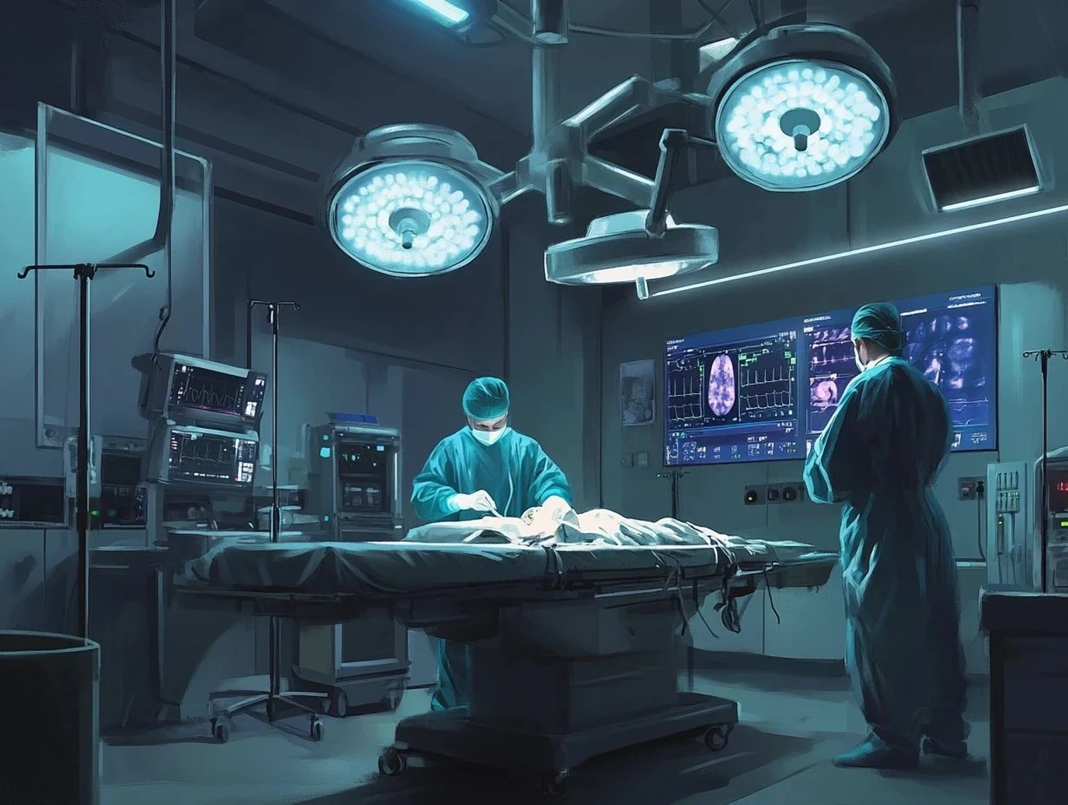 A surgical team in a blue-lit operating theatre