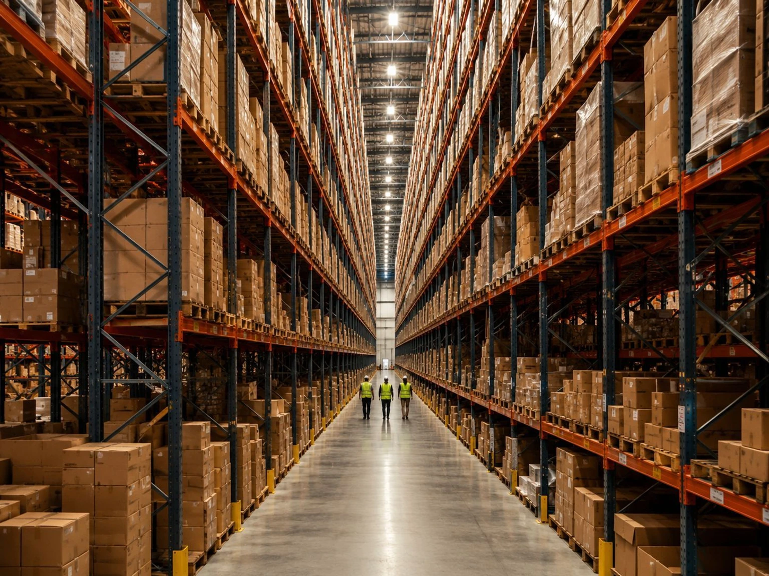 A tall warehouse aisle with workers and stocked pallets